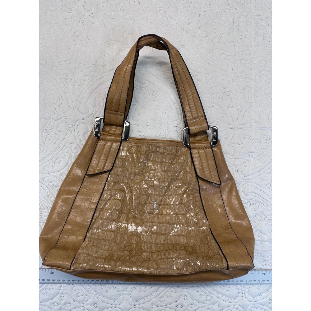 Plum Camel Tan Croc Embossed Faux Leather Shoulder Bag Tote Silver Hardware